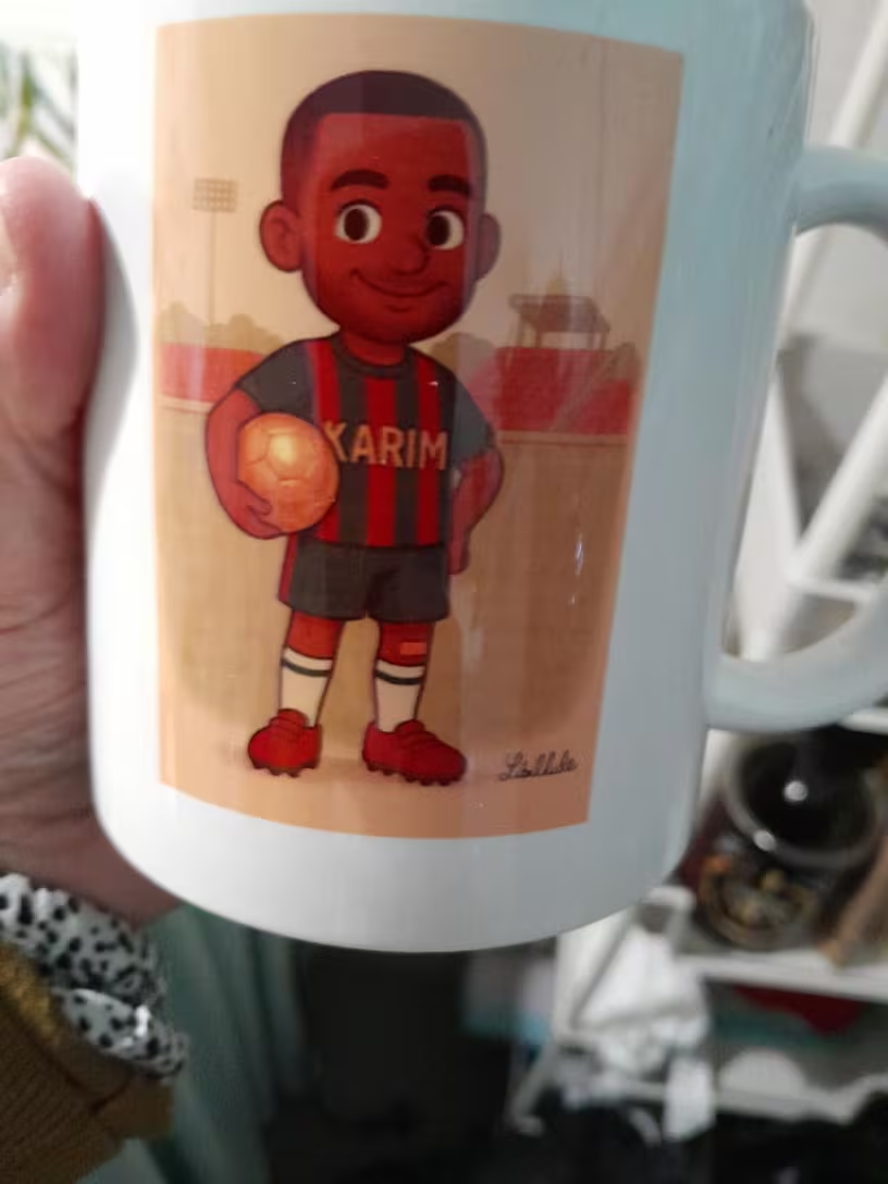 Custom personalized football figurine mug with name Karim
