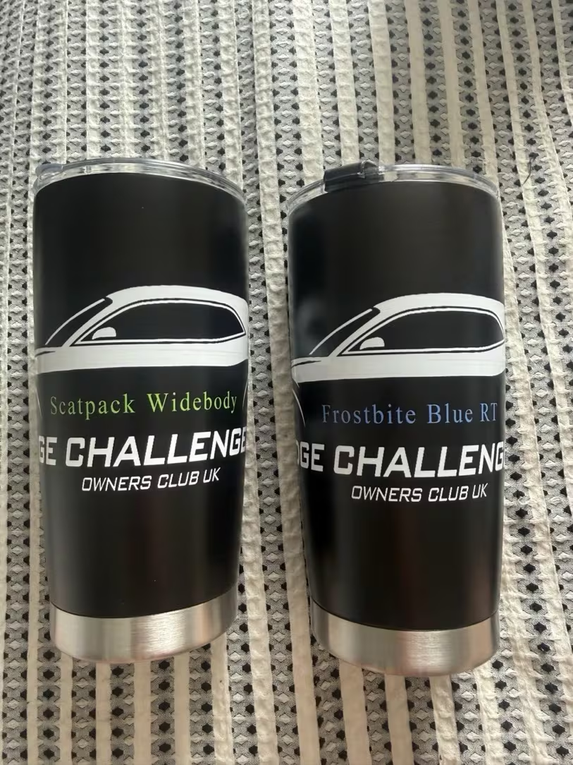 Custom branded black tumblers for Dodge Challenger Owners Club UK with model names
