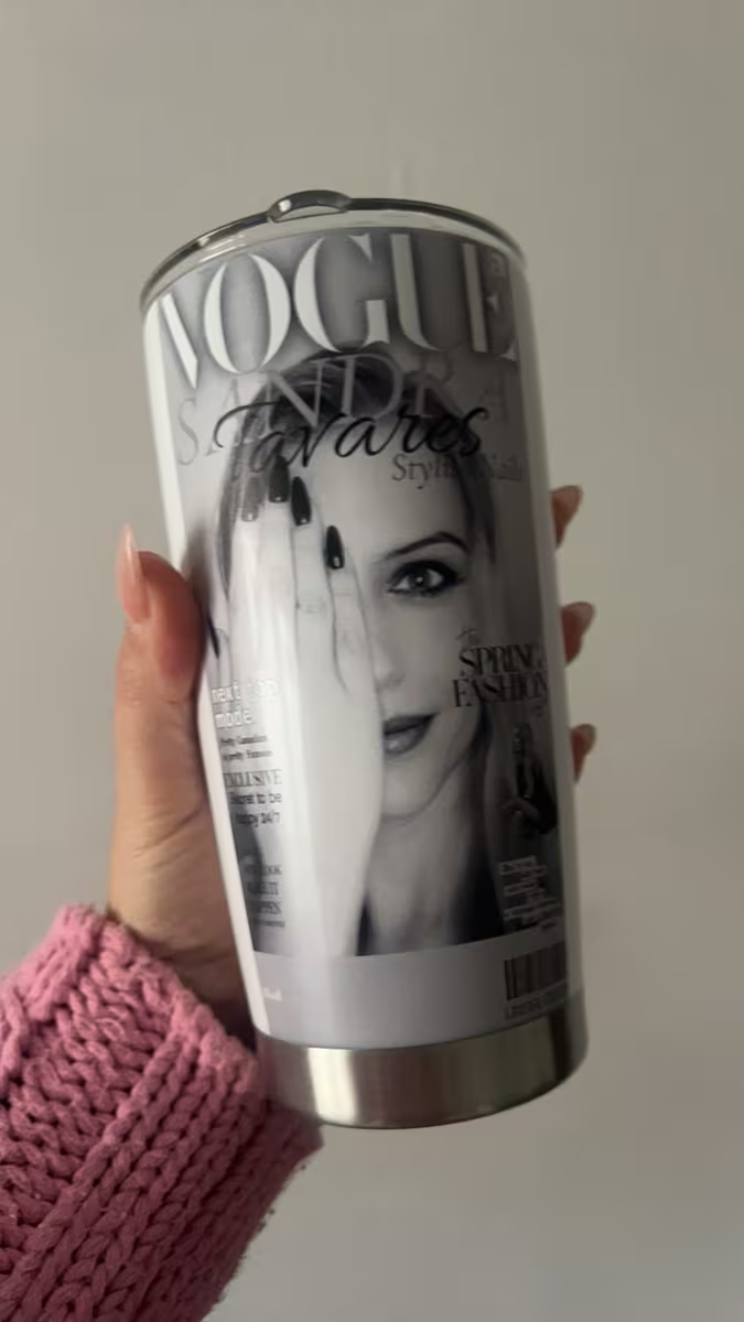 Custom Vogue-style magazine cover tumbler with personalized photo gift
