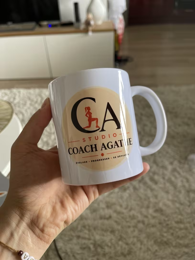 Custom logo mug for Coach Agathe fitness studio — personalized branded gift
