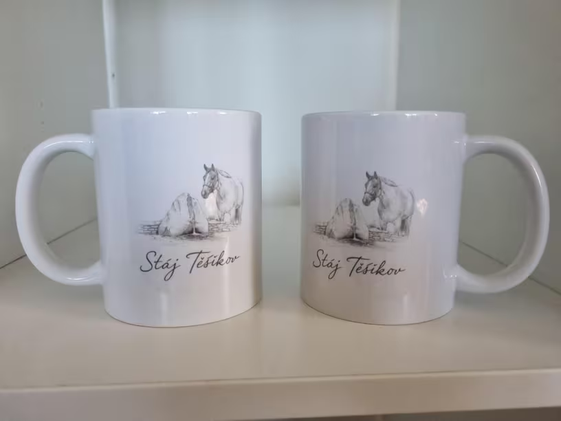 Custom white ceramic mugs with horse illustration and stable name Stáj Tešíkov